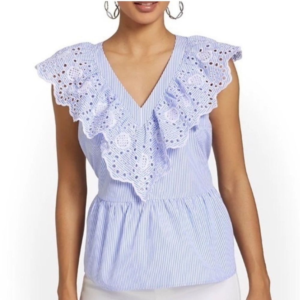 NY&C New York & Company Striped Eyelet Peplum Top Blouse w/ Tie Back